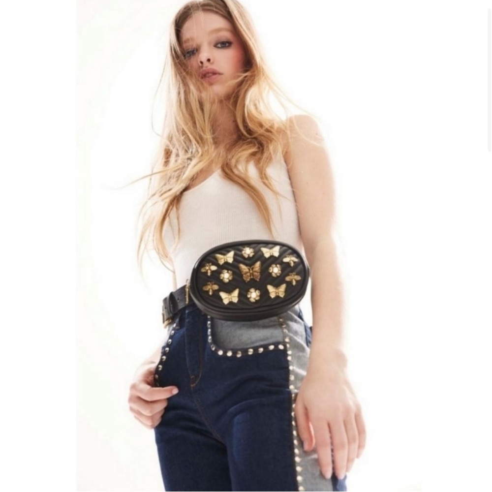 STEVEN MADDEN W-Bugged Bronze Butterfly Pearl Flowers Black Belt Bag Fanny Pack - Picture 3 of 15
